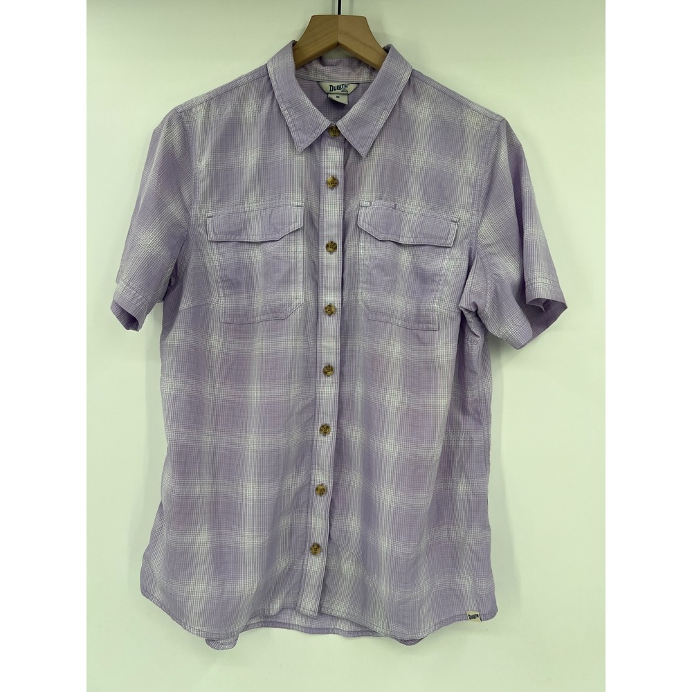 Duluth Trading Co Womens Medium Purple Plaid Short Sleeve Hiking Outdoor Shirt